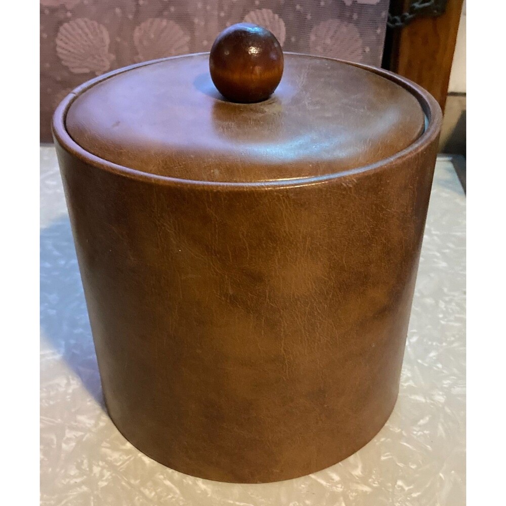 VTG Faux Leather Ice Bucket Brown Vinyl Wood Look w/ Wooden Ball Knob Lid